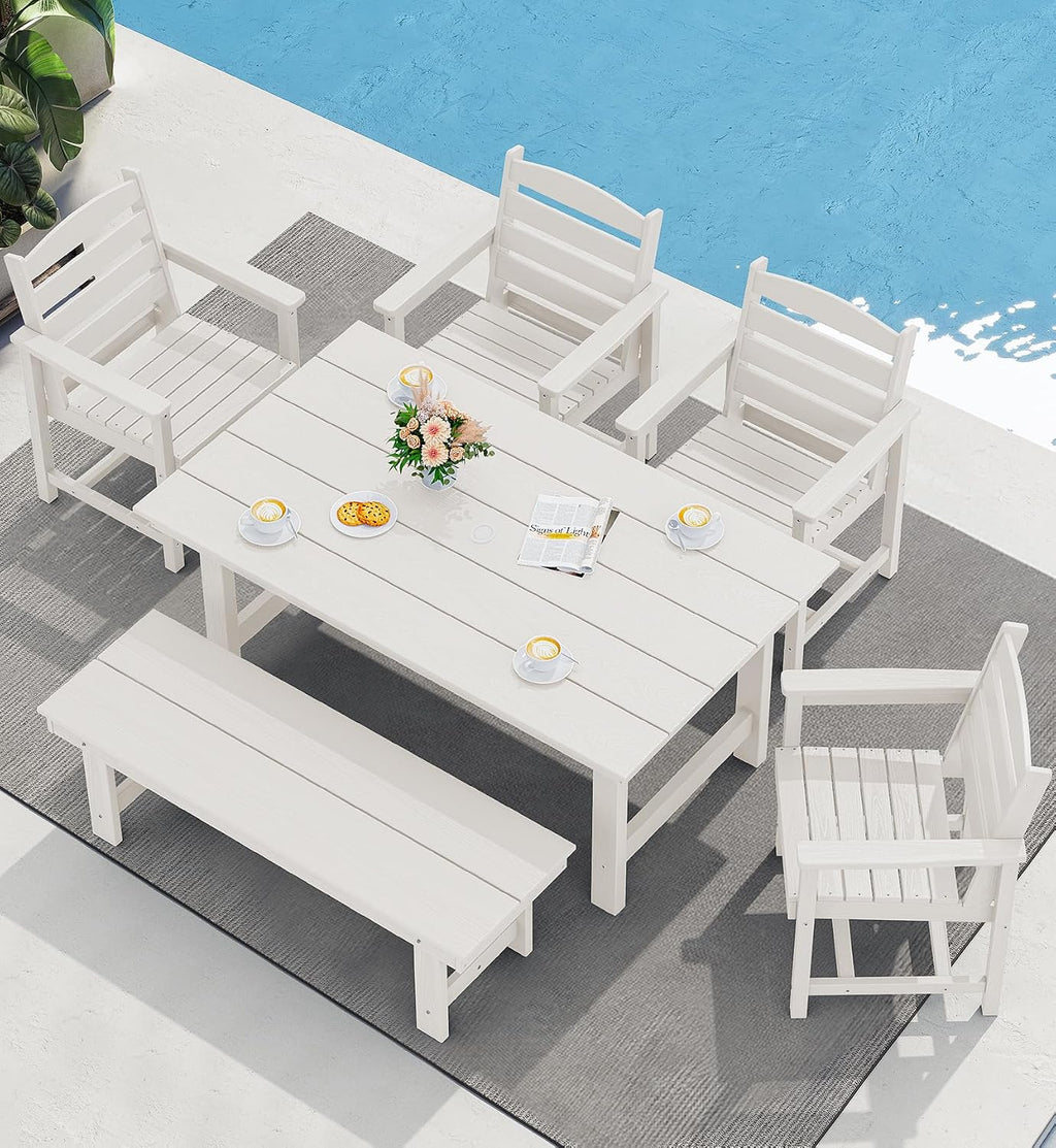 SERWALL HDPE Outdoor Dining Table for 6, 67' Rectangle Patio Dining Table with Umbrella Hole, White