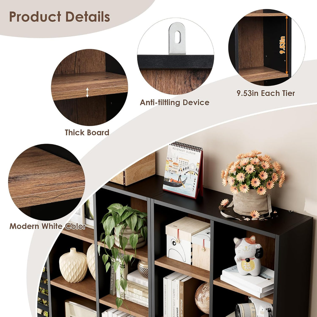 FOTOSOK 71'' Tall Bookshelf with 14 Cubes, 7 Tier Double Wide Wood Bookshelf with 6 Adjustable Shelves, 19.6' Narrow Bookcase DVD/CD Media Storage, Space Saving Display Shelf Cabinet, Black/Brown