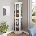 BELLEZE Lighted 3-Side Glass Display Curio Cabinet w/Tempered Glass Doors & Shelves, Accent Wooden Corner Cabinet with Bulb, Corner Storage Decoration Rack for Living Room & Bed-Room Corona (White)