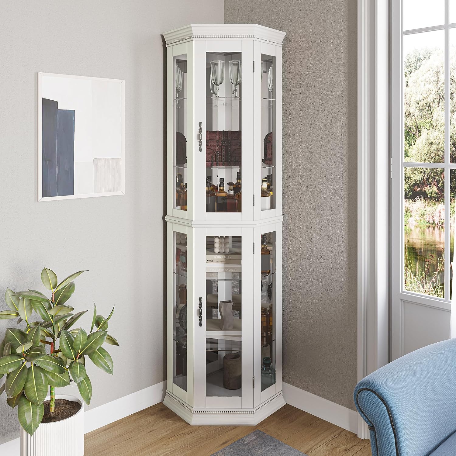 BELLEZE Lighted 3-Side Glass Display Curio Cabinet w/Tempered Glass Doors & Shelves, Accent Wooden Corner Cabinet with Bulb, Corner Storage Decoration Rack for Living Room & Bed-Room Corona (White)