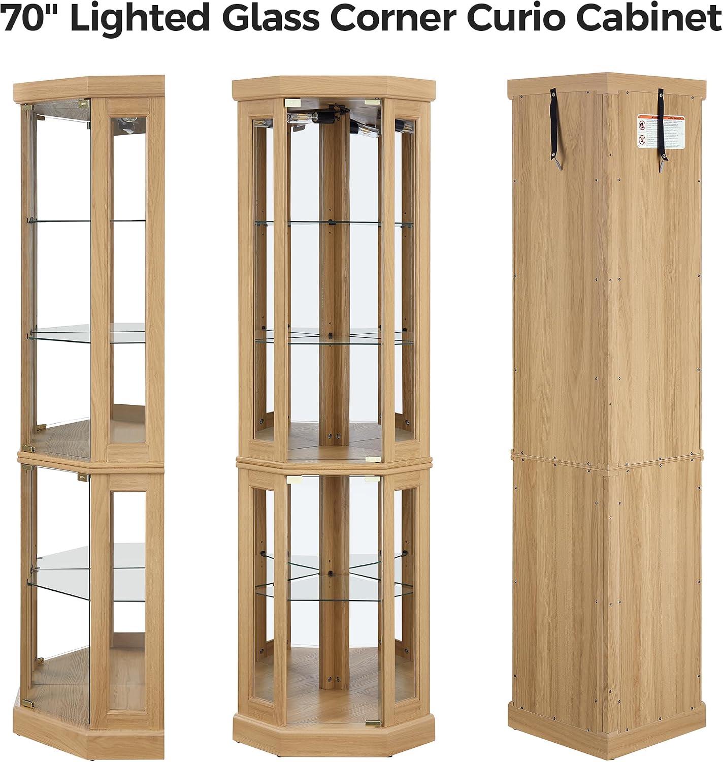 70' H Lighted Corner Curio Cabinet, Curio Cabinet with Tempered Glass Doors and Shelves, Corner Display Case with Light Bulb for Living Room, Dining Room, Light Oak