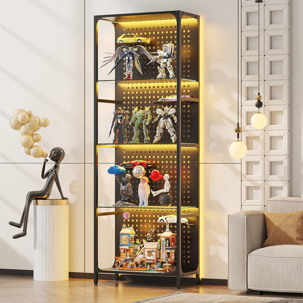Saudism Glass Display Shelf for Collectibles, LED Black Shelf, Curio Cabinet, Lighted Tall Narrow Shelf with Pegboard Steel Frame for Gaming Room, Floor Lamp with Shelves, Living Room, Bedroom, Large