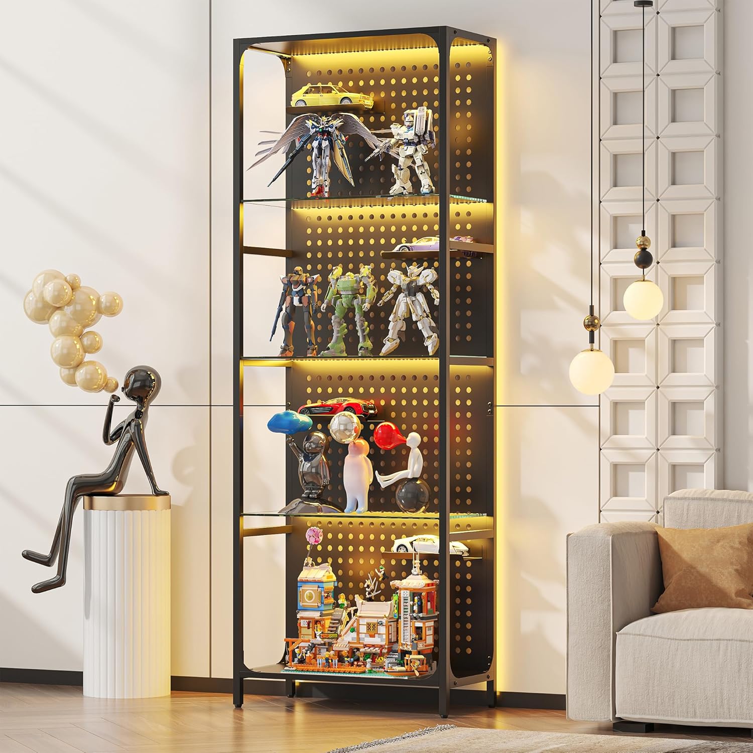 Saudism Glass Display Shelf for Collectibles, LED Black Shelf, Curio Cabinet, Lighted Tall Narrow Shelf with Pegboard Steel Frame for Gaming Room, Floor Lamp with Shelves, Living Room, Bedroom, Large