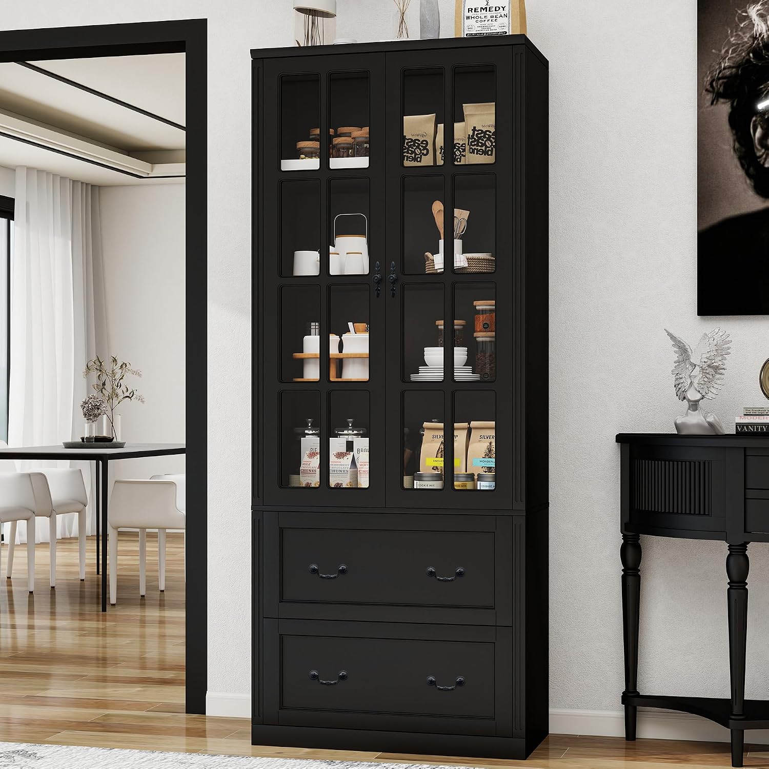 78.8' Tall Bookcase Display Storage Cabinet Hutch with Glass Doors & Drawers - Curio Display Bookshelf Kitchen Pantry for Home, Kitchen, Living Room.