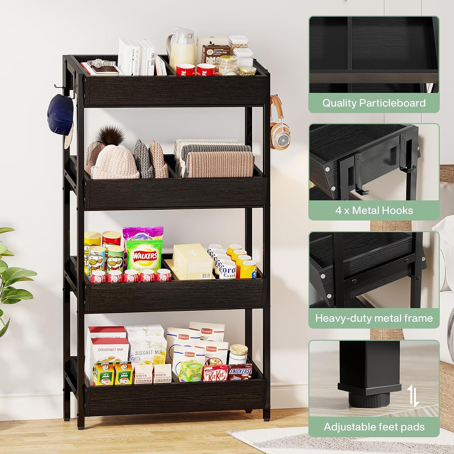Tribesigns 4-Tier Retail Display Rack, Wooden Snack Candy Stand, Concession Potato Chip Display Rack, Storage Shelf Organizer with Heavy-Duty Metal Frame, Easy Assembly(1, Black)