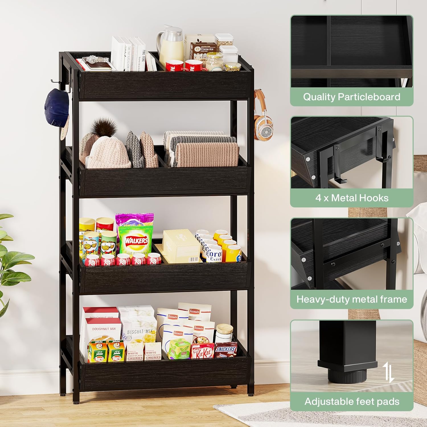 Tribesigns 4-Tier Retail Snack Display Shelf, Snack Rack Display Stand with 4 Hooks, Retail Shelves Racks for Vendors, Store, Supermarket and Home Kitchen