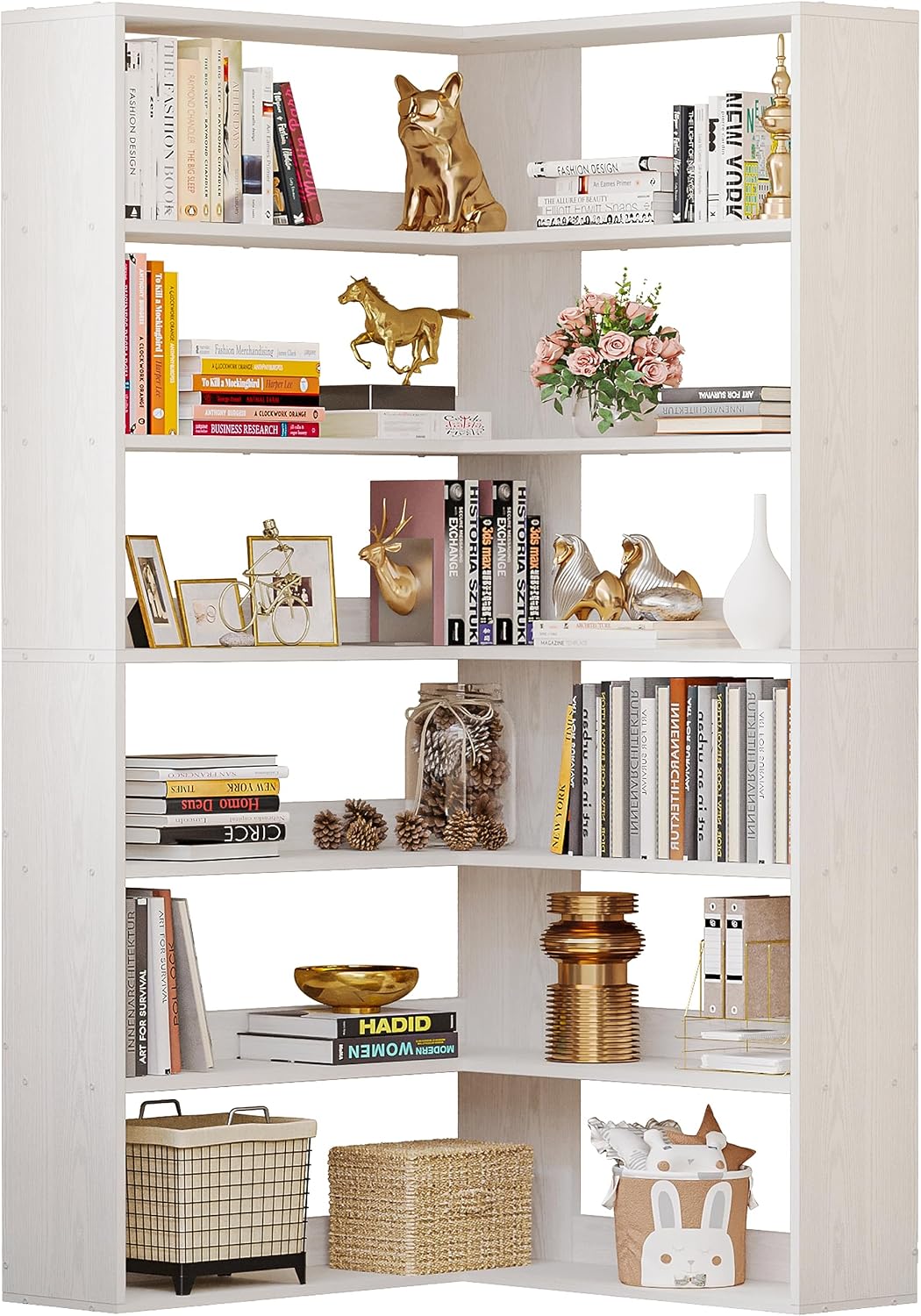 IRONCK Bookshelves 6 Tiers with Baffles Industrial Large Corner Etagere Bookcase Storage Display Rack for Living Room Home Office