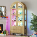 Vlsrka 71' Arched RGB Curio Cabinet with Glass Doors, 4-Shelves Tall Display Cabinet and 2 Drawers, LED Display Case with 20 Lights for Collectibles/Book/Medal/Figure, Wood Color