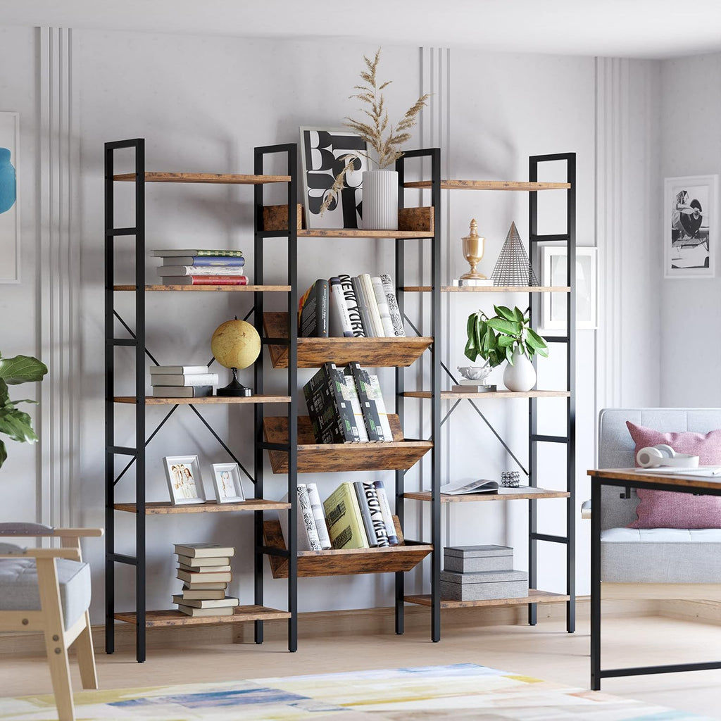 IRONCK Bookshelf, Bookshelves and Bookcases, Triple Wide 5 Tiers Book Shelf with Baffles, Industrial Bookshelf with Metal Frame for Living Room, Home Office
