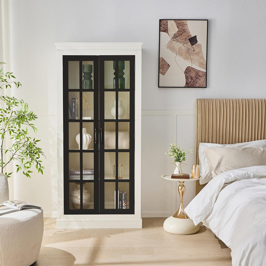 Merax 71.2' Tall Display Cabinet with Glass Doors,Rustic Style China Cabinet,Curio Cabinet for Collectibles Figures Trophies for Hallways Living Room, Kitchen, Home, Studio or Workspace,White & Black