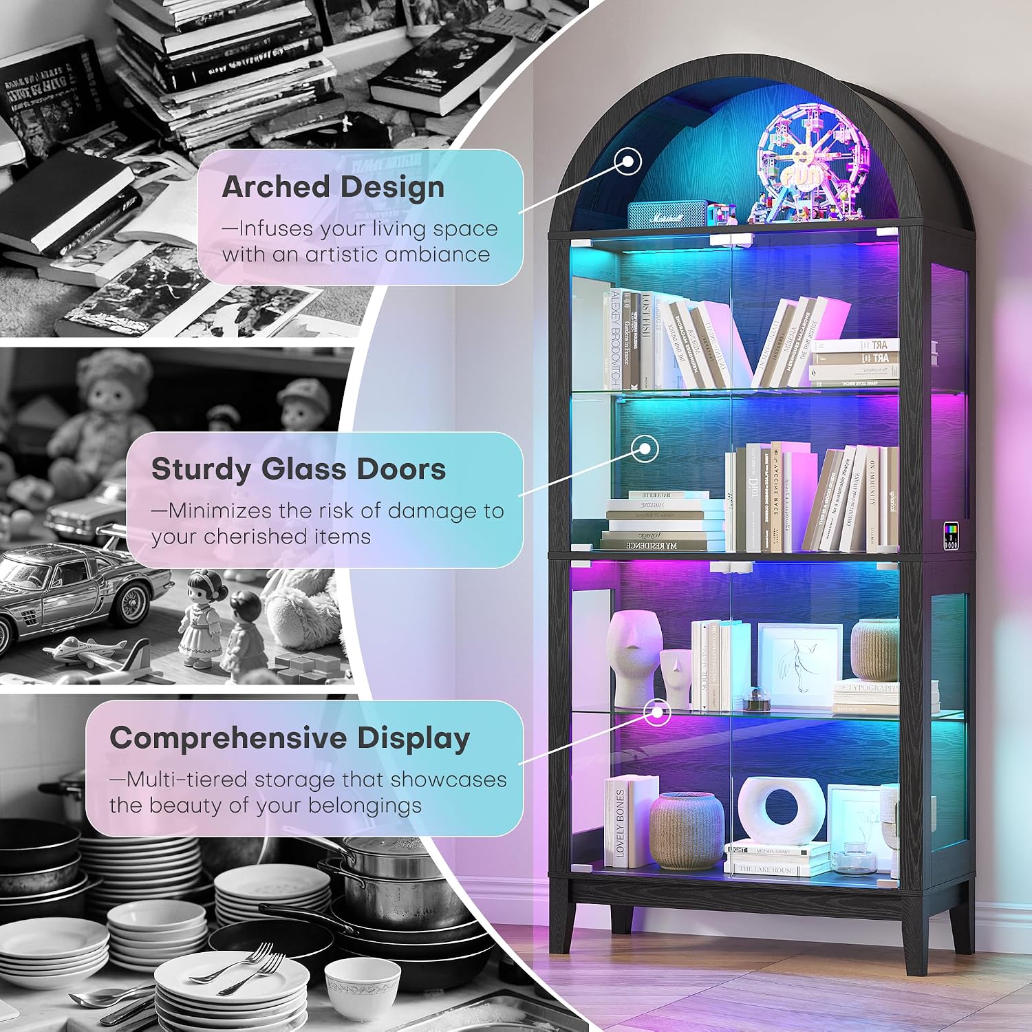 WOOVIVS Glass Display Cabinet with RGB Lights, 69' Tall Curio Cabinet with Rebound Tempered Glass Door, 5-Tier Adjustable Display Case for Living Room (Black)