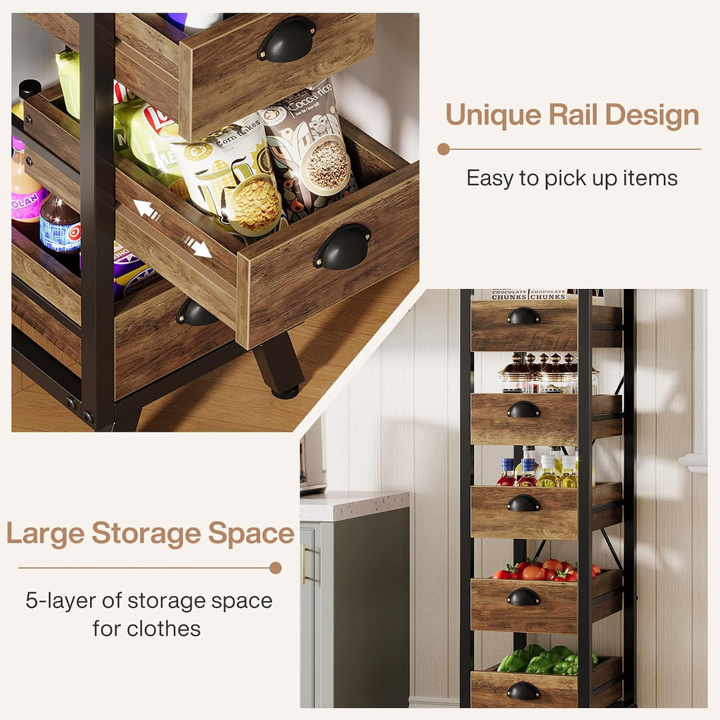 Tribesigns Wood Fruit and Vegetable Storage Rack Set of 2, 5-Tier Narrow Snack Stand Kitchen Stand Fruit Basket, Pull-Out Utility Organizer for Kitchen, Living Room, Rustic Brown