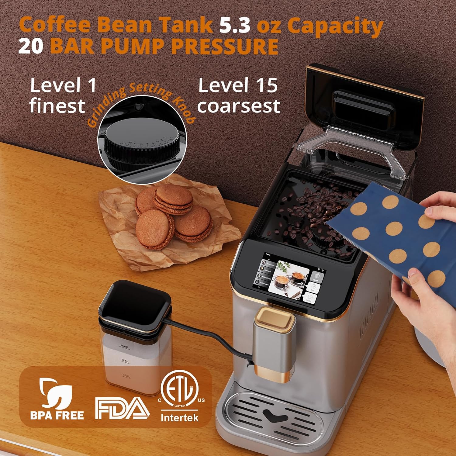 Garvee Fully Automatic Espresso Machine, with Milk Frother, One Touch Recipes, Intuitive Touch Display, 20 Bar Pressur & 15 Grind Settings for Latte, Cappuccino, Espresso, Built-In Grinder