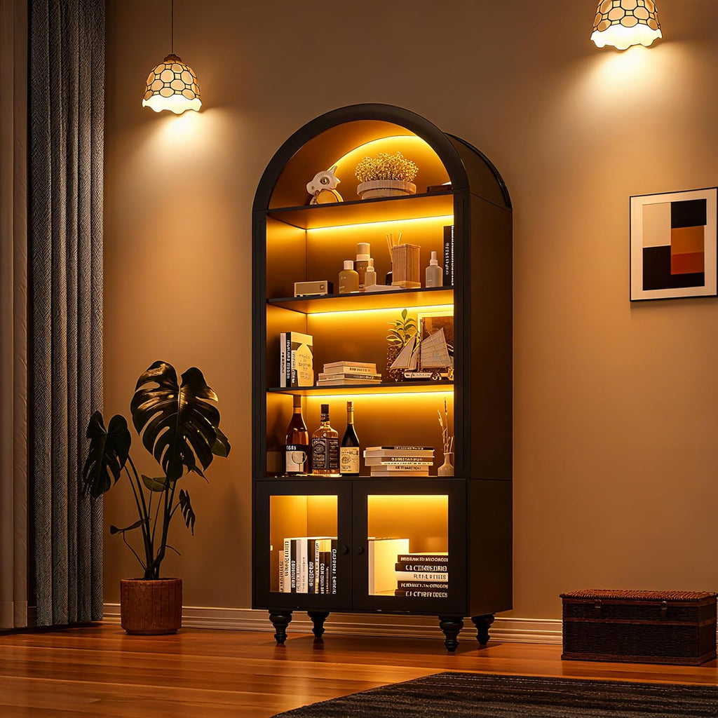 Wildhome Wooden Arched Display Storage Cabinet with Glass Door, LED Lights,Showcase for Collections, Perfume, Vinyl Albums, Bookcase for Home Office, Living Room, Clinic, Pantry (Black-Arched top)