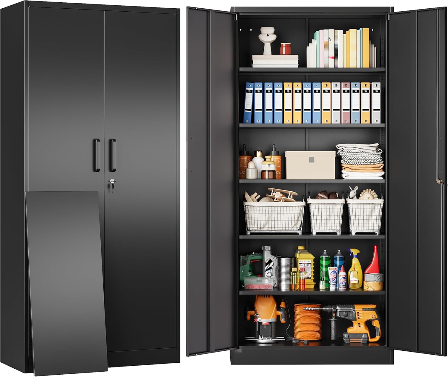 SISESOL Metal Storage Cabinet with 2 Doors and 6 Shelves,Black Metal Cabinet with Lock,71' Lockable Garage Storage Cabinets,Locking File Cabinet,Steel Tool Cabinets for Home,Office,Garage,Shop,School
