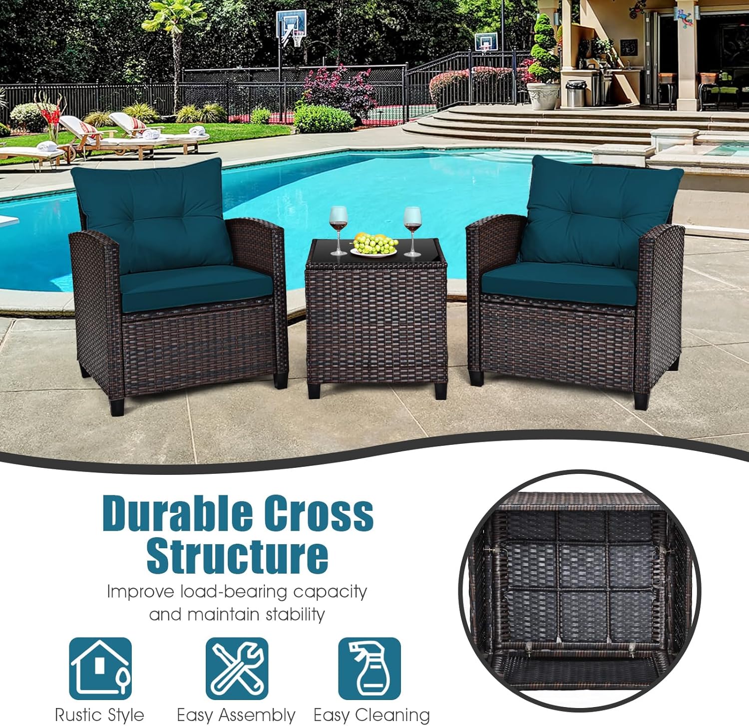 Tangkula 3 Pieces Patio Furniture Set, PE Rattan Wicker 3 Pcs Outdoor Sofa Set w/Washable Cushion and Tempered Glass Tabletop, Conversation Furniture for Garden Poolside Balcony (Prussian Blue)