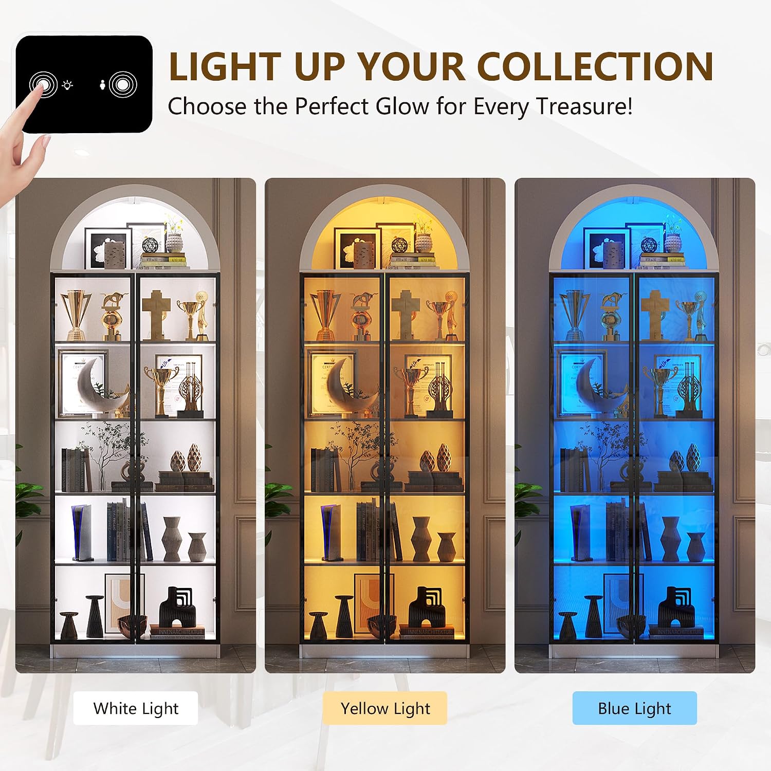 FREDEES Arched Display Cabinet with Doors, 76' Tall Curio Cabinet with Adjustable Shelves/3 Colors LED Lights, 6 Tier Display Case for Collectibles, White