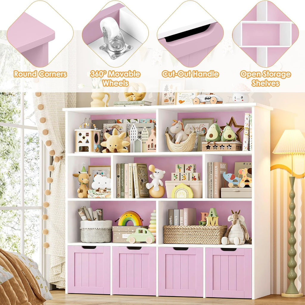 FINETONES Toy Storage Organizer, Kids Bookshelf with 4 Movable Chests and 7 Storage Cubes, Toy Chest Storage with Hidden Wheels, Toy Organizers and Toy Storage, Pink