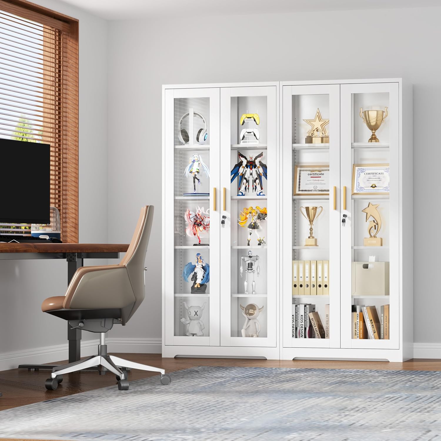 UNICOLY Lockable Display Cabinet with Glass Doors, Curio Cabinets with 4 Adjustable Shelves, Liquor Bookcase Bookshelf with Doors, Metal Storage Cabinet for Living Room Pantry, White
