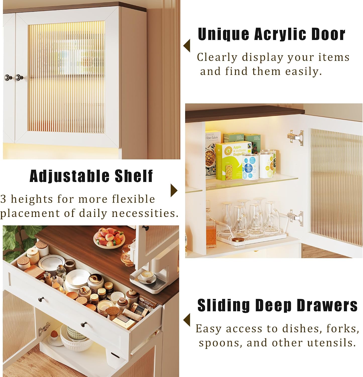 HUAHUU 71' Pantry Cabinet with LED Lights and Charging Station, Kitchen Pantry Storage Cabinet with Large Drawer, 4 Doors and 3 Adjustable Shelves, Kitchen Cabinets with Countertop, Light White