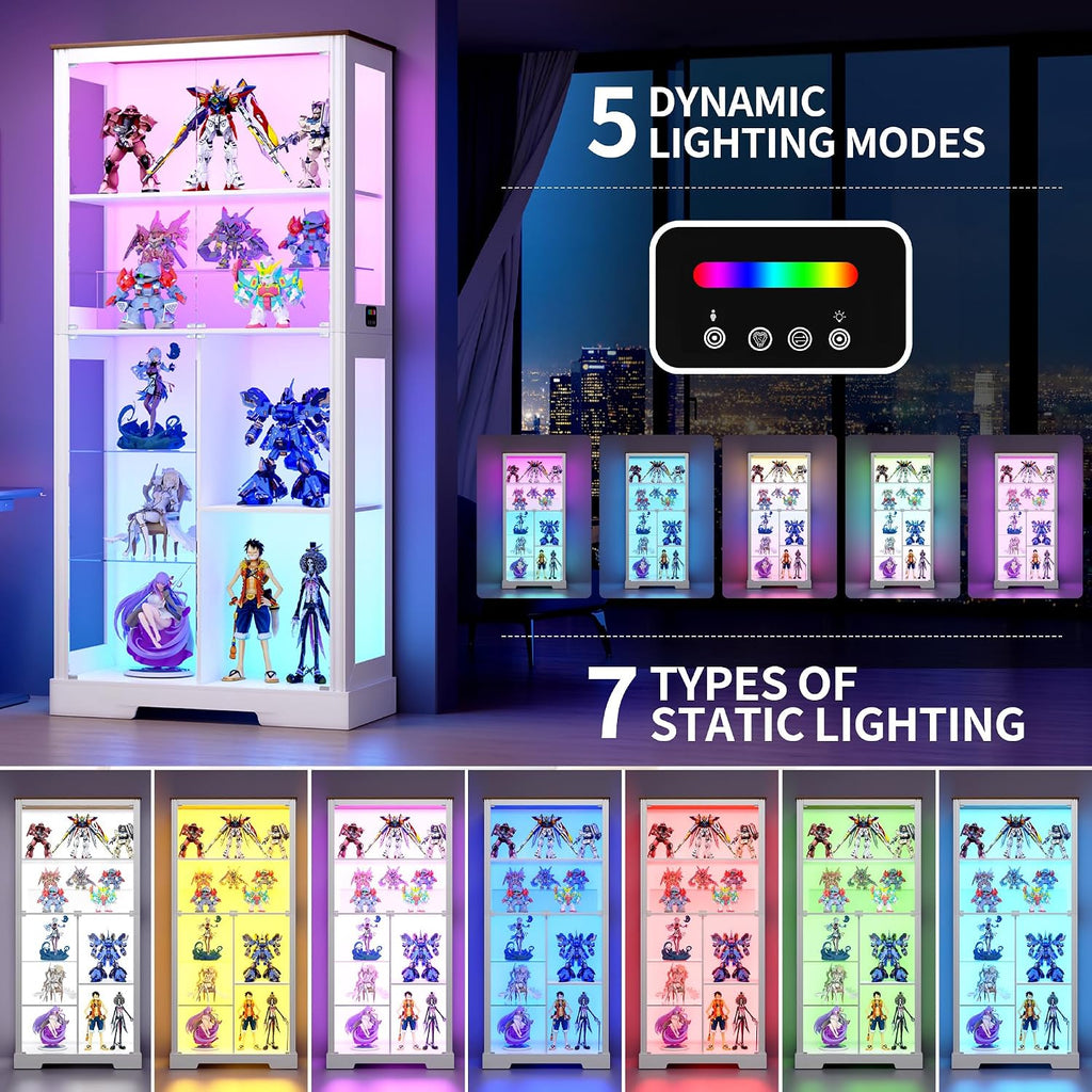 HNEBC Glass Display Cabinet with RGB Lights, 71'' Curio Cabinet with Glass Doors, 5-Tier Display Cases and Human Sensor, Bookcases for Collectibles, Books,Toys, White