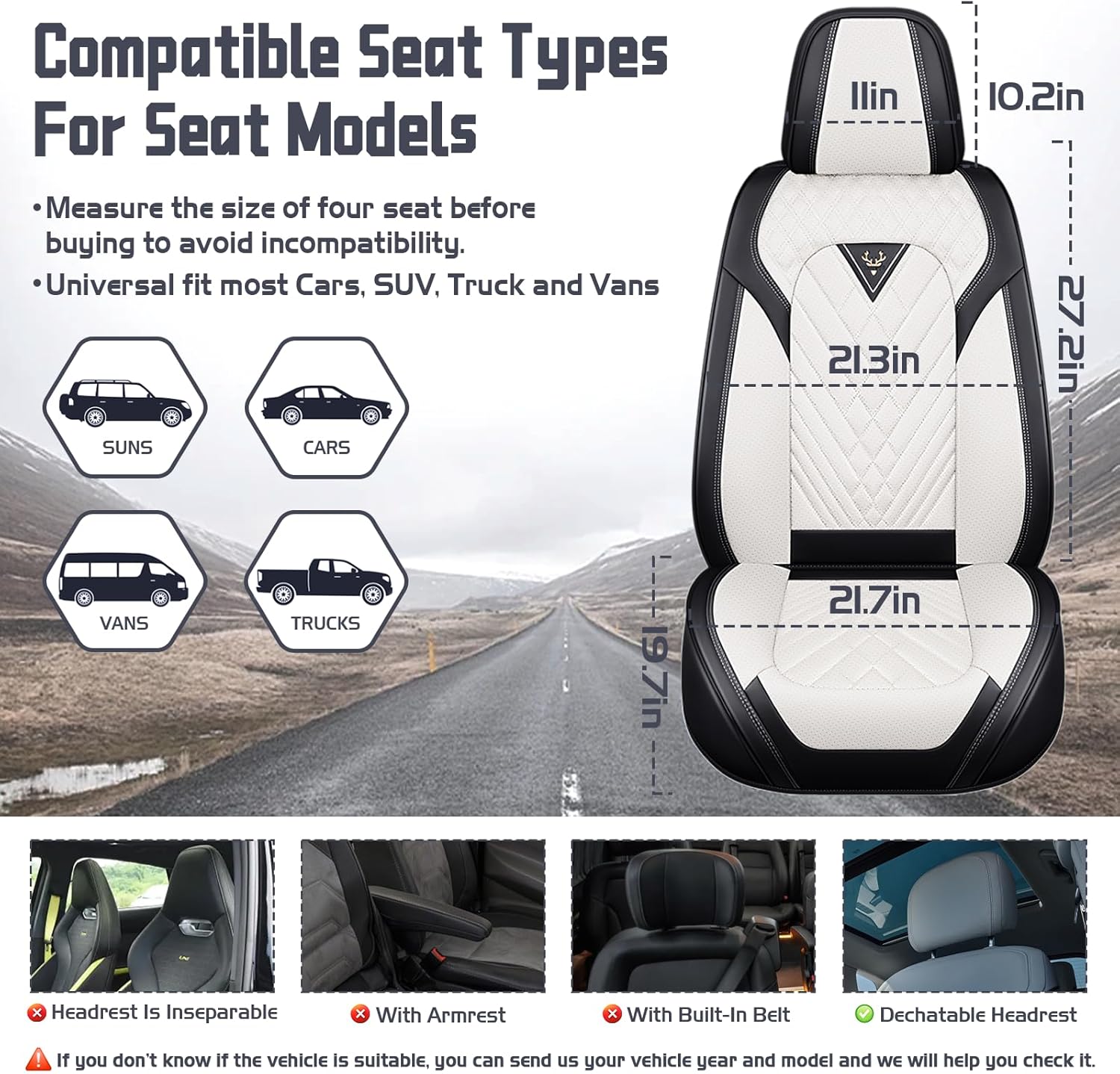 Car Seat Covers for Dodge Dart 2013-2016, Waterproof Nappa Leather Full Set Seat Cover, Anti-Slip and Comfortable Automotive Seat Protector&Accessories(Black White)