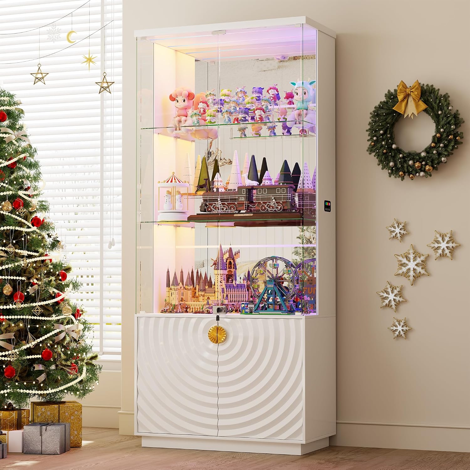 Lvifur 71'' Display Cabinet with Glass Doors,4-Tier Curio Cabinet with 3-Color Lights for Collectibles,Lockable Glass Display Case Human Body Sensor,Tall Bookcase w/Shelves&Drawers,White