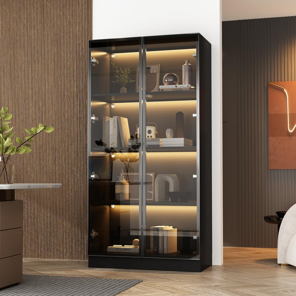FUFU&GAGA Display Cabinet with Glass Doors and LED Lights, 63' Tall Bookshelf Glass Storage Cabinet with 4-Tier Shelves, Modern Bookcase for Living Room Office, Black, 31.5'W x 15.7'D x 63'H