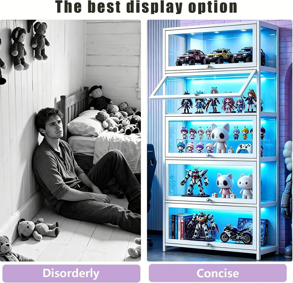 Display Cabinet with Acrylic Glass Door 67.7'' Tall Curio Cabinet - Collectibles Toy Organizers Rack & Display Shelf, Kids Bookcase for Bedroom, Reading Nook, living Room, Bamboo (White 01-flip Door)