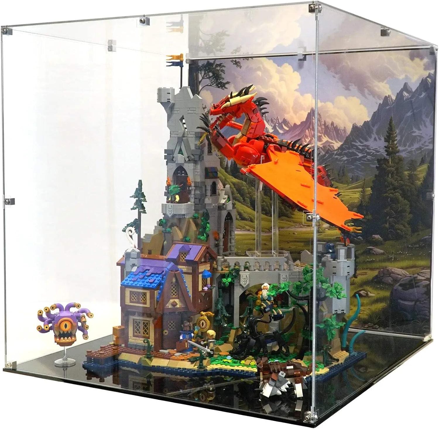 Display Case Compatible with Lego 21348 - Dungeons & Dragons: Red Dragon's Tale - Acrylic Dustproof Showcase with Pre-Printed Background - Set Not Included