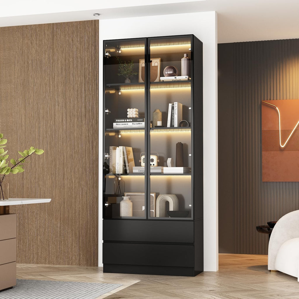 FUFU&GAGA Display Cabinet with Glass Doors and Lights, 78.7' Tall Bookshelf Glass Storage Cabinet with 4 Shelves & 2 Drawers, Bookcase for Living Room Office, Black 31.5'W x 14.2'D x 78.7'H