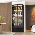 FUFU&GAGA Display Cabinet with Glass Doors and Lights, 78.7' Tall Bookshelf Glass Storage Cabinet with 4 Shelves & 2 Drawers, Bookcase for Living Room Office, Black 31.5'W x 14.2'D x 78.7'H