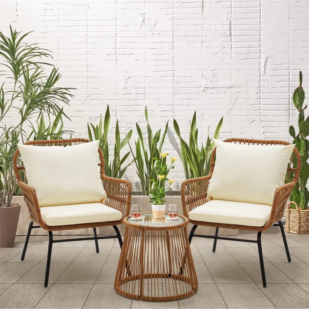 EROMMY 3-Piece Patio Conversation Bistro Set, Outdoor All-Weather Wicker Balcony Furniture with Tempered Glass Top Table & 2 Wide Ergonomic Armchairs, Seat Cushions for Porch, Backyard, White
