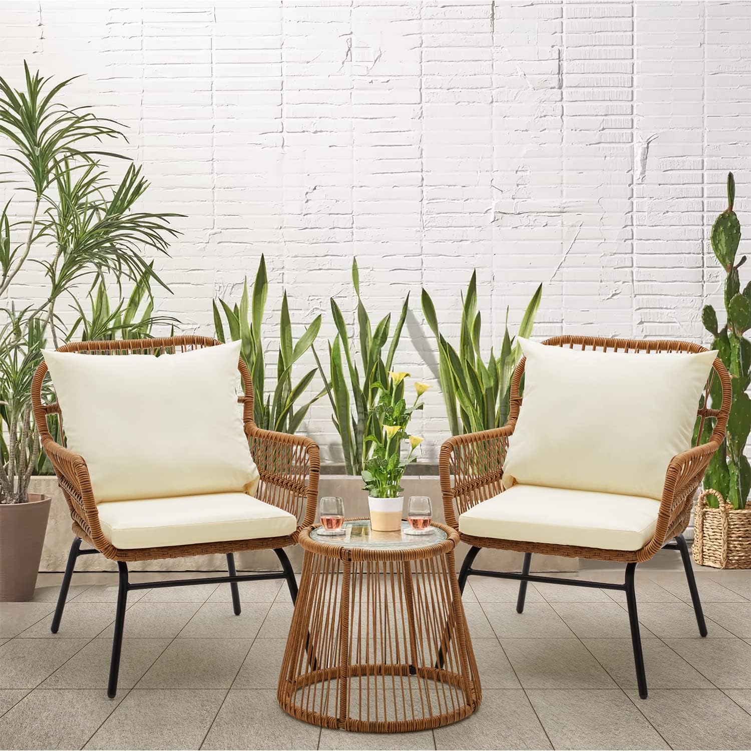 EROMMY 3-Piece Patio Conversation Bistro Set, Outdoor All-Weather Wicker Balcony Furniture with Tempered Glass Top Table & 2 Wide Ergonomic Armchairs, Seat Cushions for Porch, Backyard, White