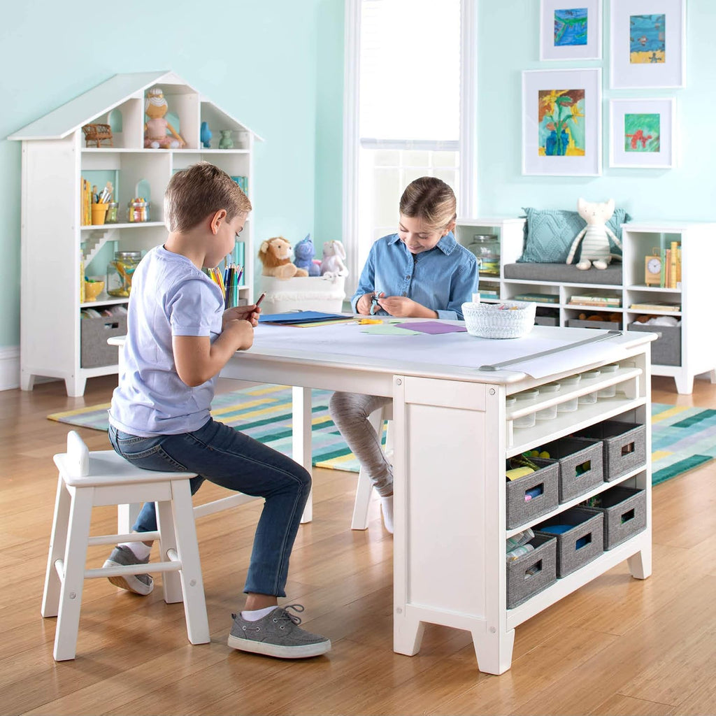 Martha Stewart Kids' Art Table and Chair Set - Linen White: Wooden Play Table for Arts and Crafts| Coloring Desk with Paint Cups, Paper Roll and Craft Supplies Storage Bins