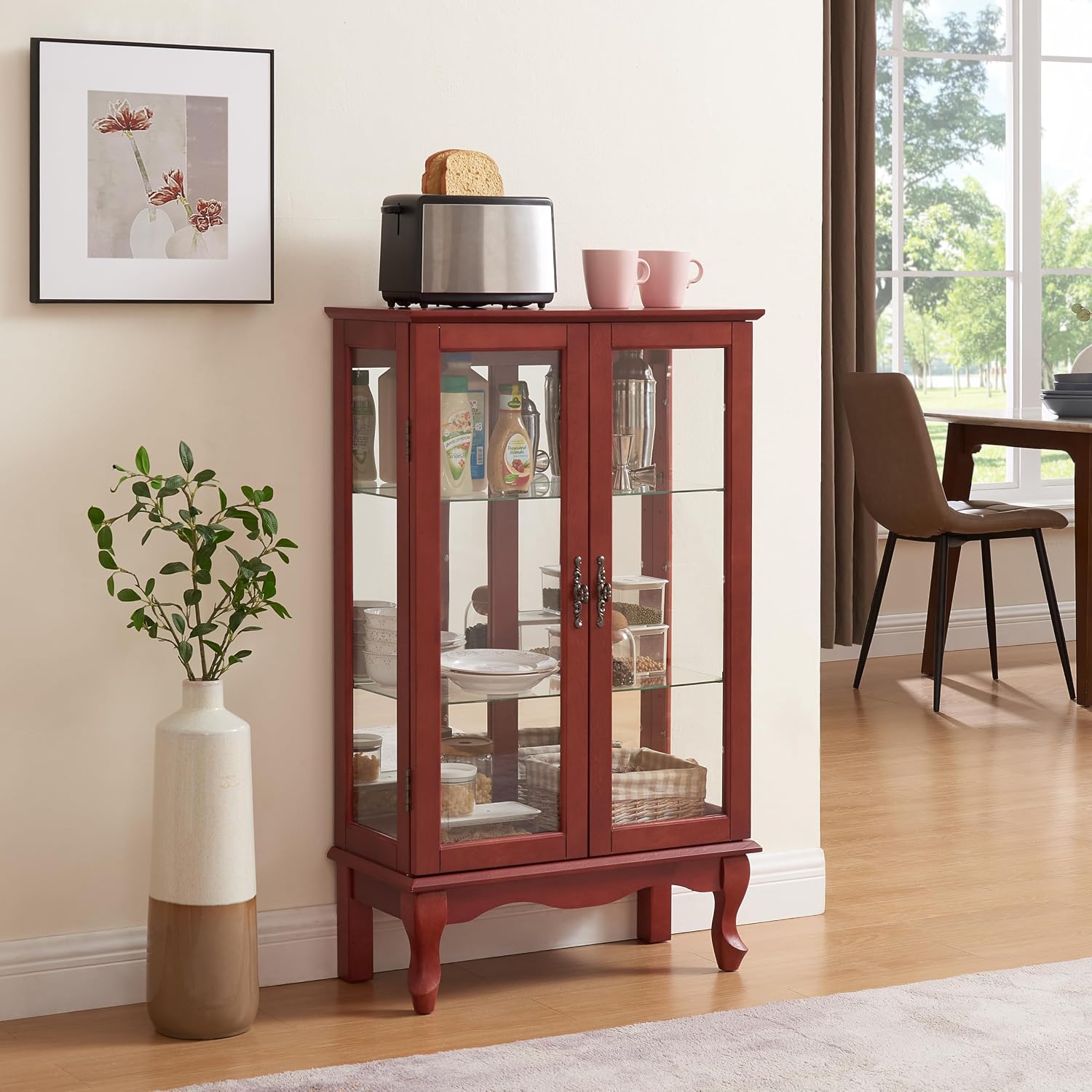 43' H Lighted Curio Cabinet Display Case with Light Bulb, Glass Curio Cabinet with Adjustable Shelves & Tempered Glass Door, Wooden Cabinets w/Mirrored Back Pane for Living Room(Cherry)