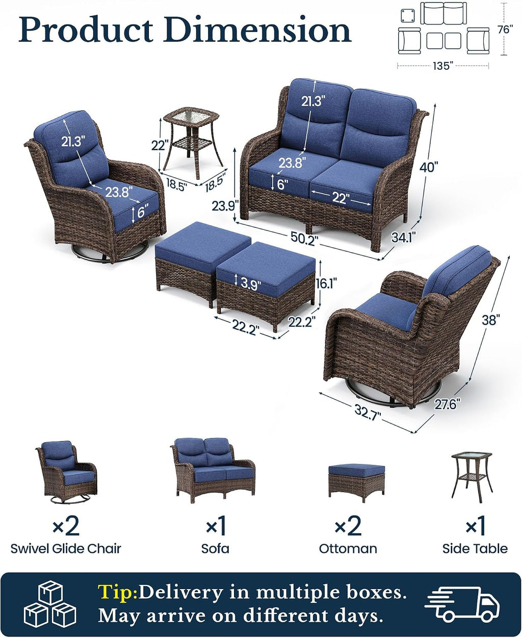 HILLGA 6-Piece Luxury Patio Furniture Set with 6' Thick Cushions, Weather-Resistant Wicker High Back Swivel Rocker Chairs, Senior-Friendly Outdoor Loveseat Set for Deck, Yard and Poolside, Blue(V2)