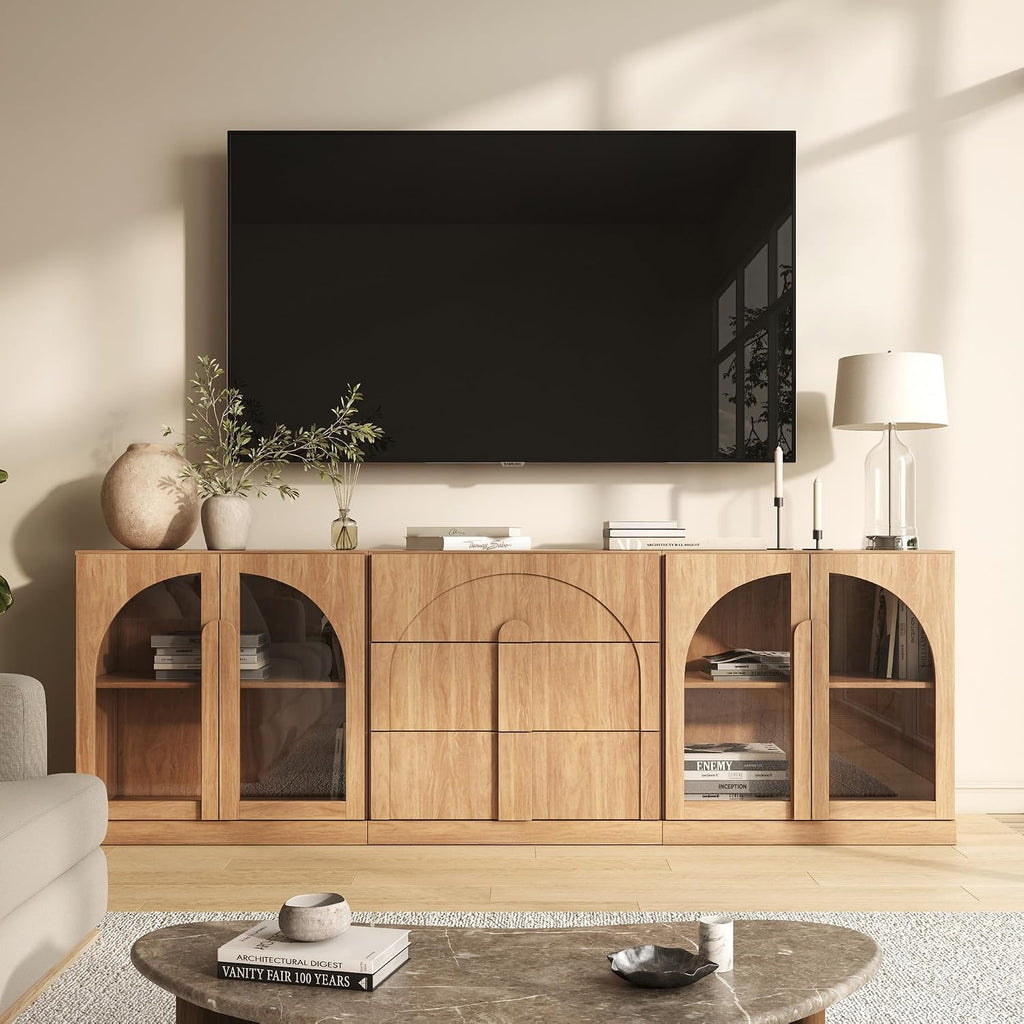 BELLEZE 3-Piece Modular Sideboard Cabinet Freely Configurable, Modern Wood Buffet Cabinet Contain 2 Arched Cabinets and a 3-Drawer Storage, Media Console Credenza for Living Room Kitchen, Camel