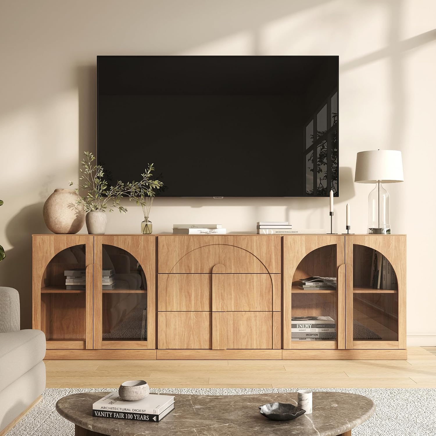 BELLEZE 3-Piece Modular Sideboard Cabinet Freely Configurable, Modern Wood Buffet Cabinet Contain 2 Arched Cabinets and a 3-Drawer Storage, Media Console Credenza for Living Room Kitchen, Camel