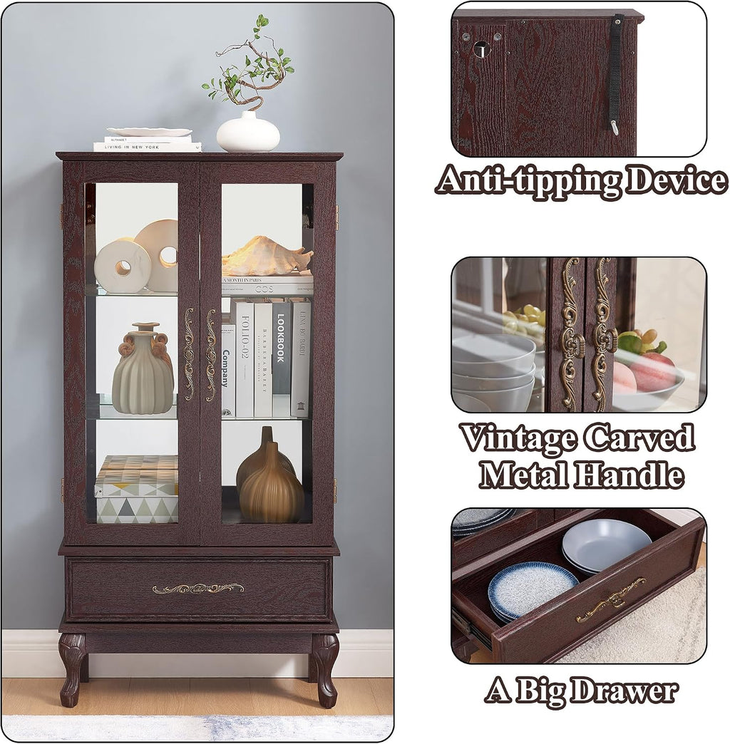 51' H Lighted Curio Cabinet Display Case, Glass Curio Cabinet with Adjustable Shelves,Tempered Glass Door and Drawer, Wooden Cabinets w/Mirrored Back Pane for Living Room (Dark Cherry)