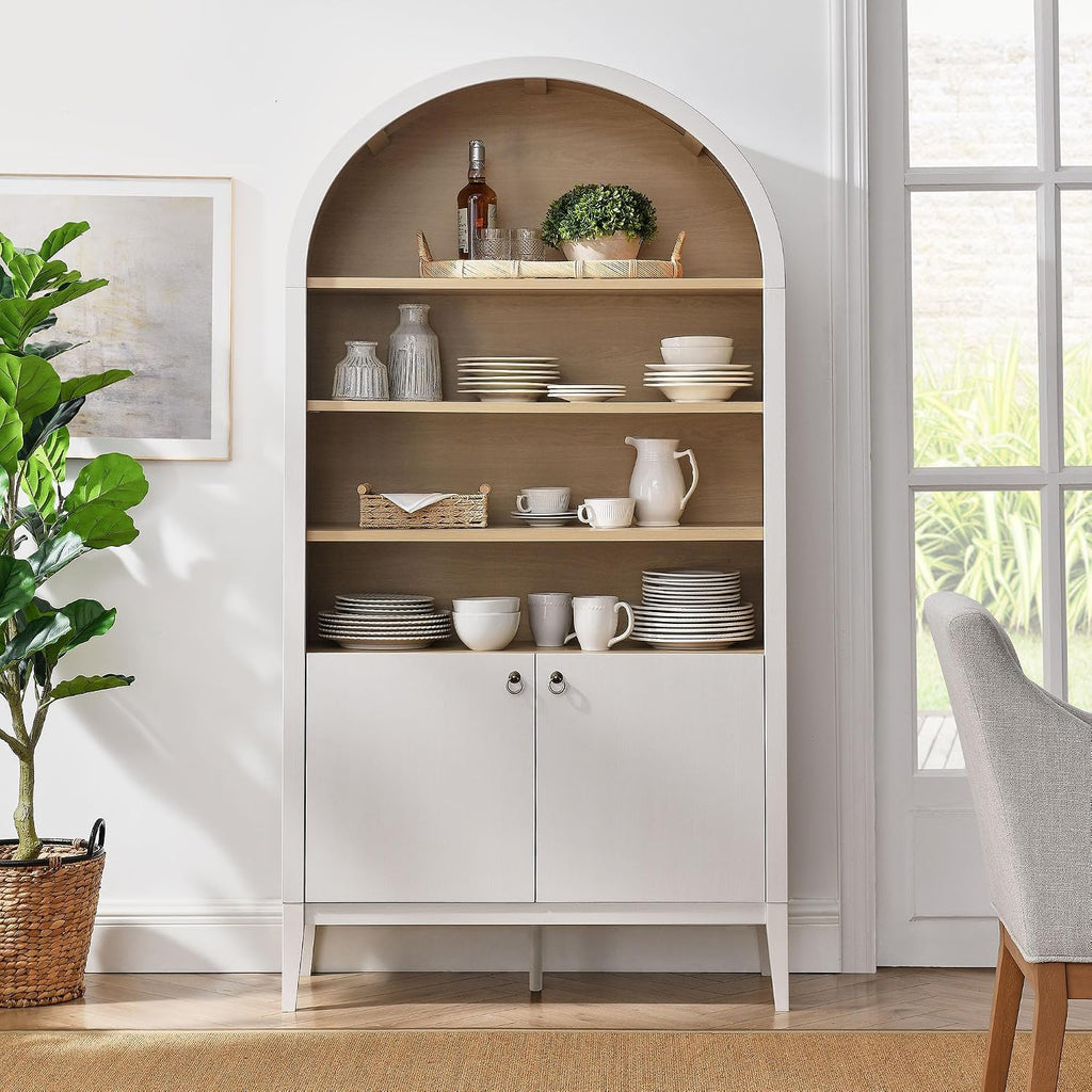 Modway Nolan Tall Arched Storage Display Cabinet in Ivory - 74 Inch Arch Bookshelf with Open and Closed Shelving - Modern Accent Cabinet for Living Room, Dining Room