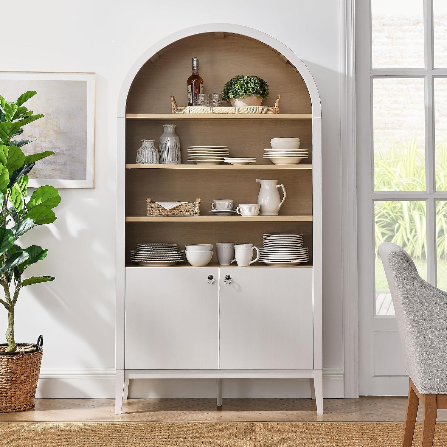 Modway Nolan Tall Arched Storage Display Cabinet in Ivory - 74 Inch Arch Bookshelf with Open and Closed Shelving - Modern Accent Cabinet for Living Room, Dining Room