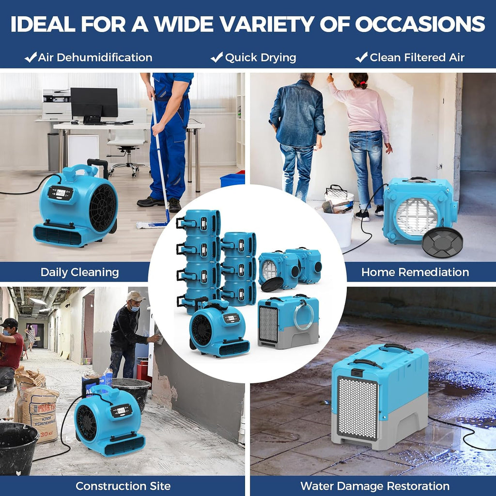 ALORAIR Water Damage Restoration Combo Package 8x Air Mover 2x Air Scrubber 1x Commercial Dehumidifier Ideal for Industrial, Commercial & Home Use - Set 1