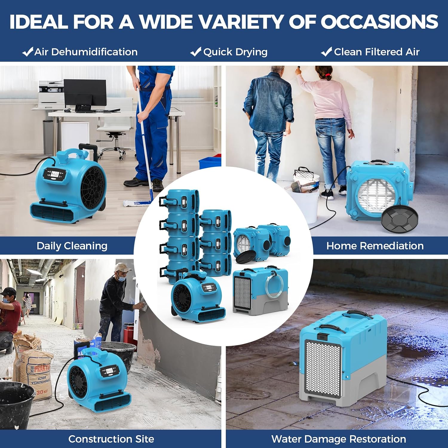 ALORAIR Water Damage Restoration Combo Package 8x Air Mover 2x Air Scrubber 1x Commercial Dehumidifier Ideal for Industrial, Commercial & Home Use - Set 1