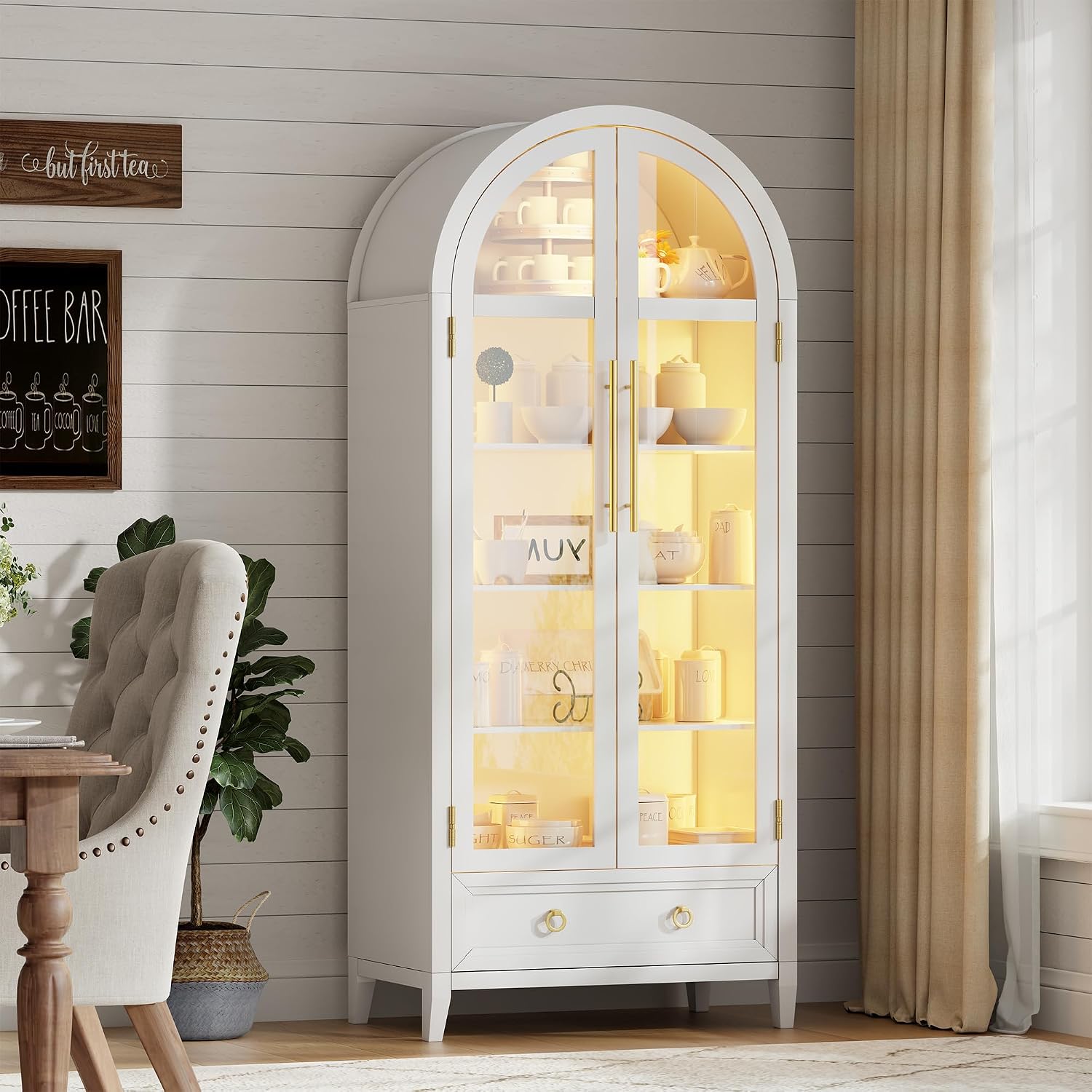 Arch Display Cabinet with Glass Doors, 4-Tier Curio Cabinet Shelves and a Drawer,73' Inch Tall LED Display Case for Collectibles,Bookcase for Bedroom Living Room Office,Black White