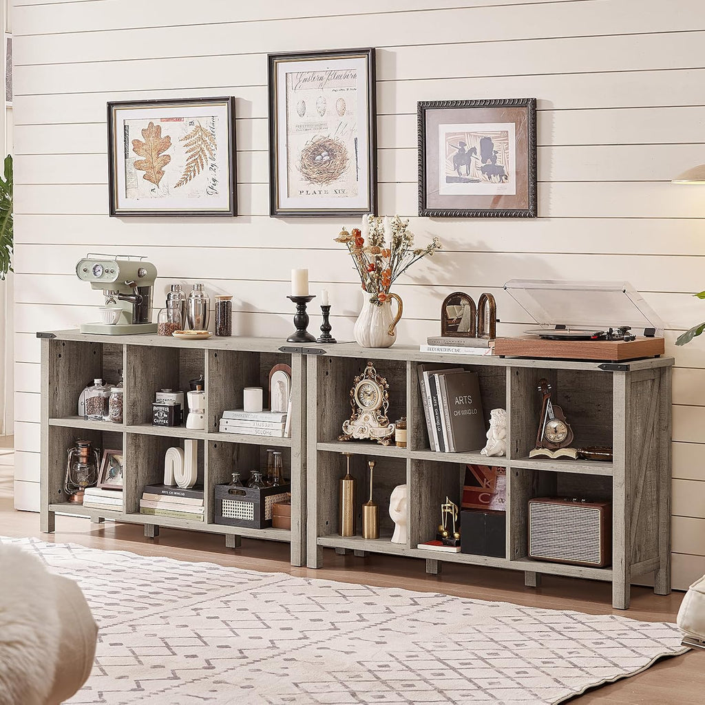 Joaxswe Farmhouse 6 Cube Bookshelf, Rustic Grey Oak Wooden Storage Organizer Book Shelf, 47 Inch Cubby Hallway Bookcase, Kids Toy Storage Cabinet, Modern Open Book Case for Living Room, Hallway