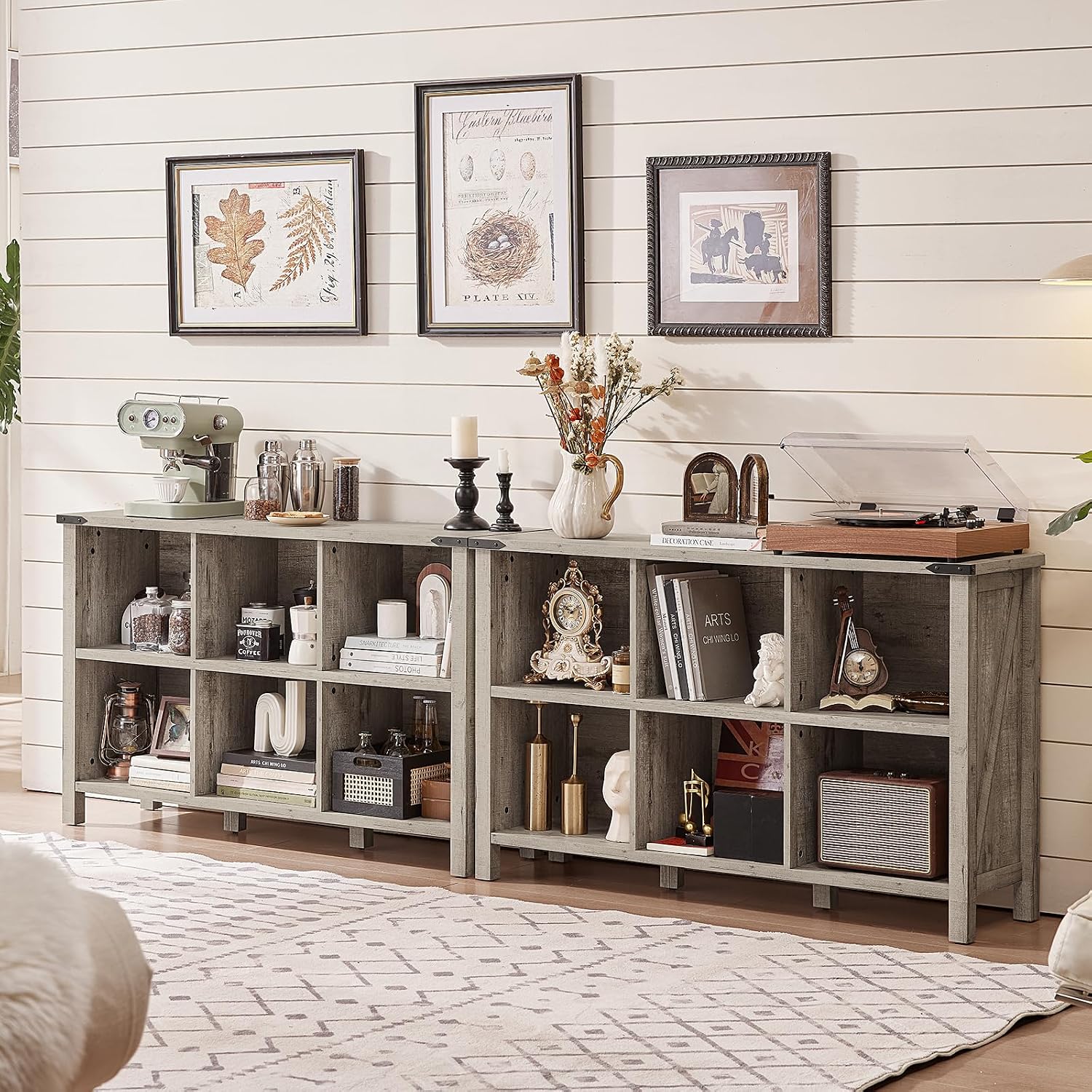 Joaxswe Farmhouse 6 Cube Bookshelf, Rustic Grey Oak Wooden Storage Organizer Book Shelf, 47 Inch Cubby Hallway Bookcase, Kids Toy Storage Cabinet, Modern Open Book Case for Living Room, Hallway