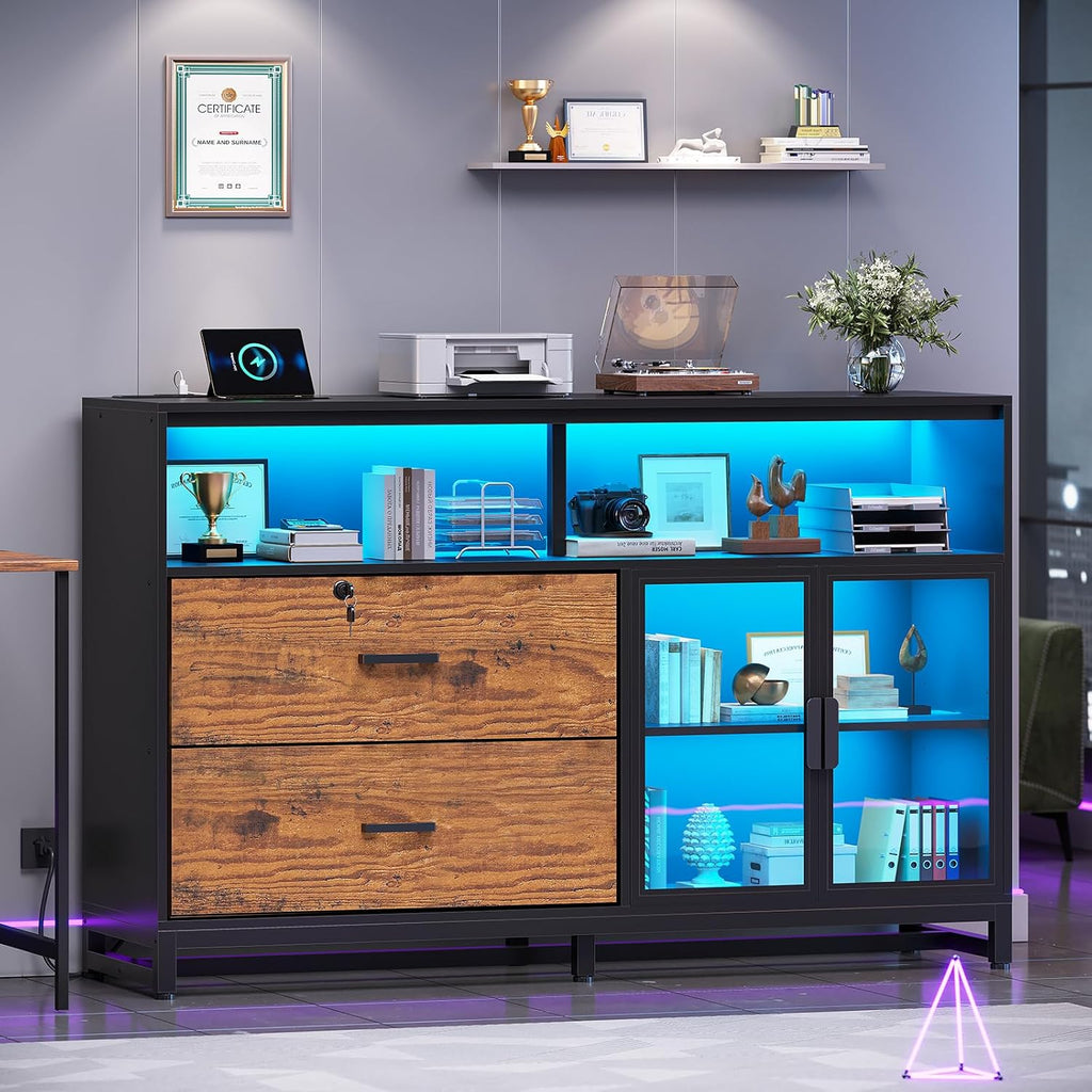 SEDETA 59' File Cabinet, 2 Drawers Filing Cabinets for Home Office fit Legal/Letter/A4 File, File Cabinet with Lock & Power Outlets, Printer Stand with Storage & LED Lights, Rustic Brown