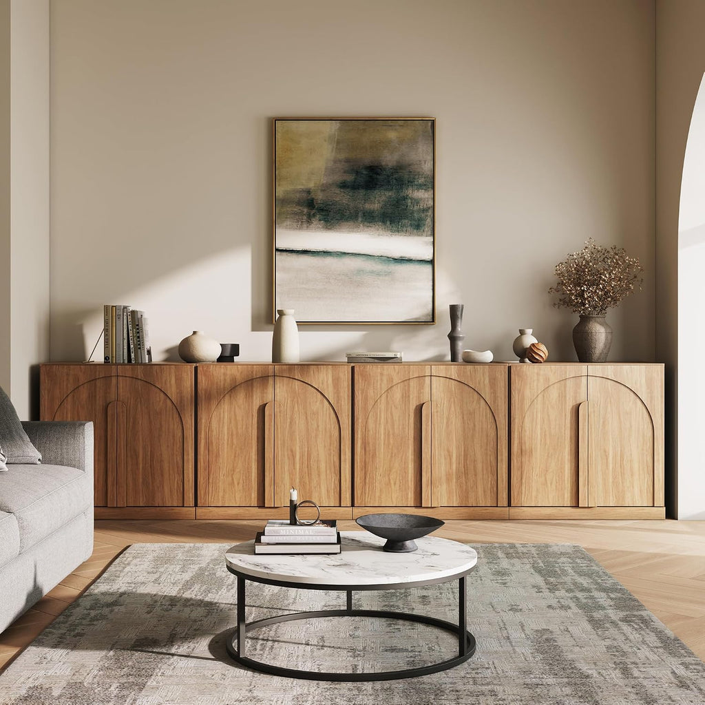 BELLEZE Bijou Set of 4 Wall-to-Wall Storage Cabinets (126' Wide) - Grand Sideboard Buffet System w/8 Arched Doors - Massive Entertainment Center & Display Console for Living Room, Office, Camel