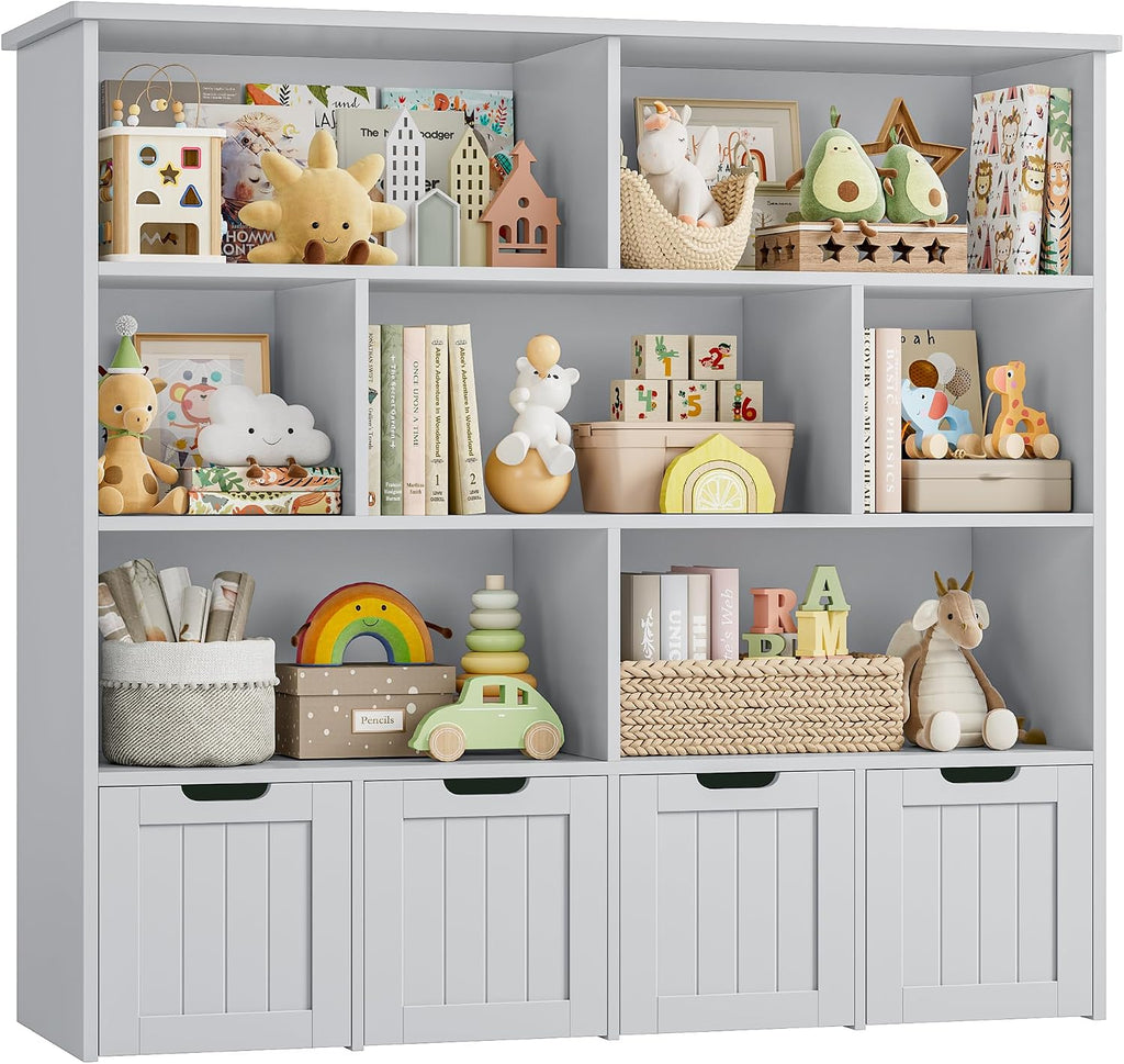 FINETONES Toy Storage Organizer, Kids Bookshelf with 4 Movable Chests and 7 Storage Cubes, Toy Chest Storage Shelf Organizer with Hidden Wheels, Toy Organizers and Toy Storage, Grey